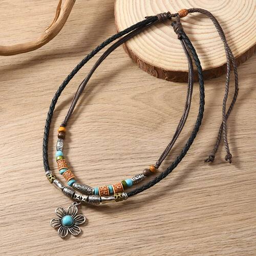 Turquoise Flower Pendant Necklace Leather Rope Mixed Beaded