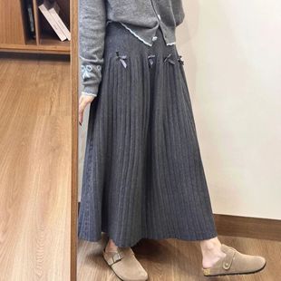 Ankle Length Color Knit Winter Pleated Autumn Women Skirt