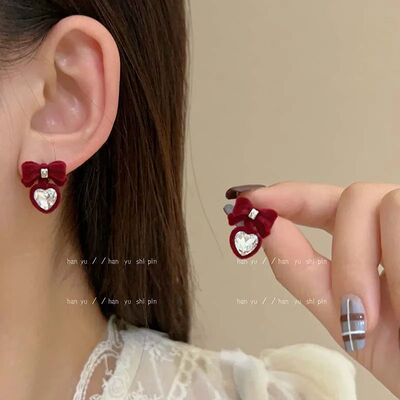 Burgundy Flocking Bow Love Earrings Fashion Temperamen Premi