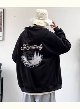 美式拉链连帽卫衣男秋冬大码高街