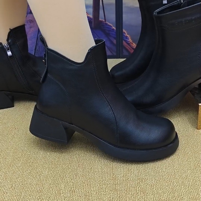 真皮短靴女2025年秋冬新款软皮圆头粗跟女靴厚底加绒妈妈鞋马丁靴,女鞋,马丁靴,淘宝优惠券,粉丝福利购,淘宝优惠卷