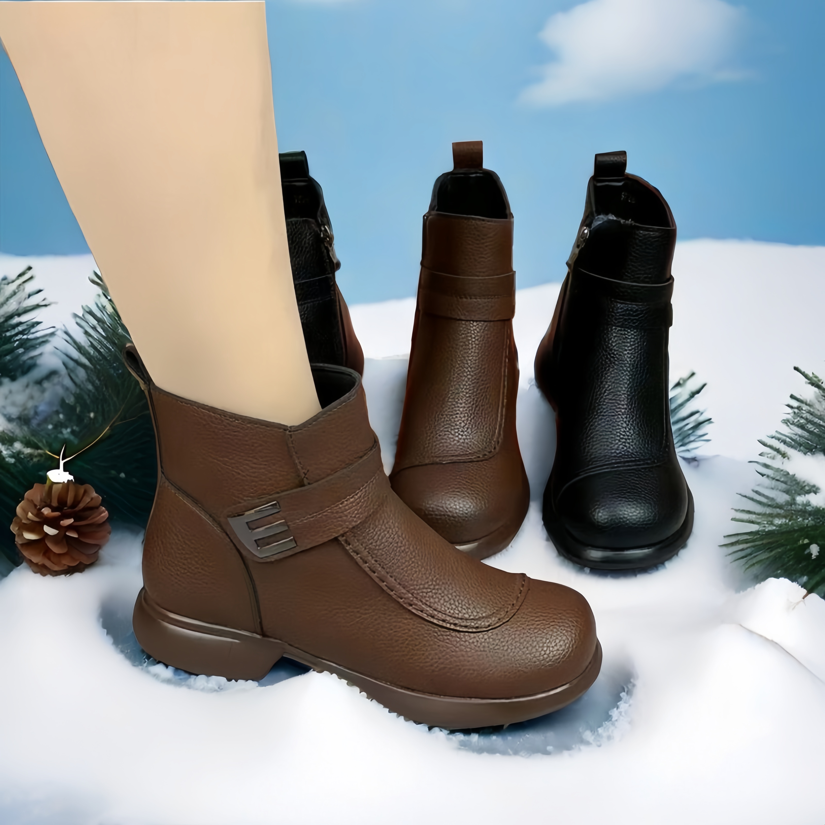 圆头平底短靴女加绒保暖棉鞋