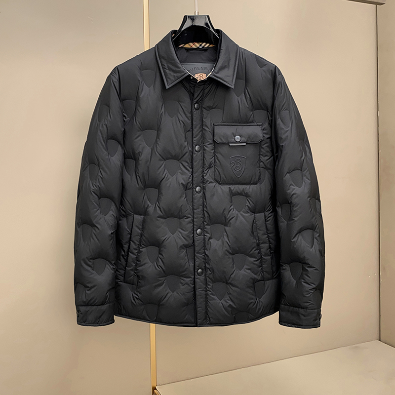 新款 90%白鸭绒服 B家男式 羽绒衬衫 压花翻领加大码保暖外套简约