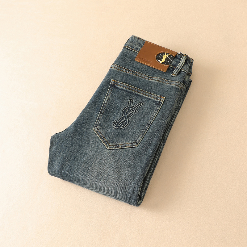 2025秋冬新款 欧美风男式字母刺绣牛仔裤 修身小直筒牛仔长裤男