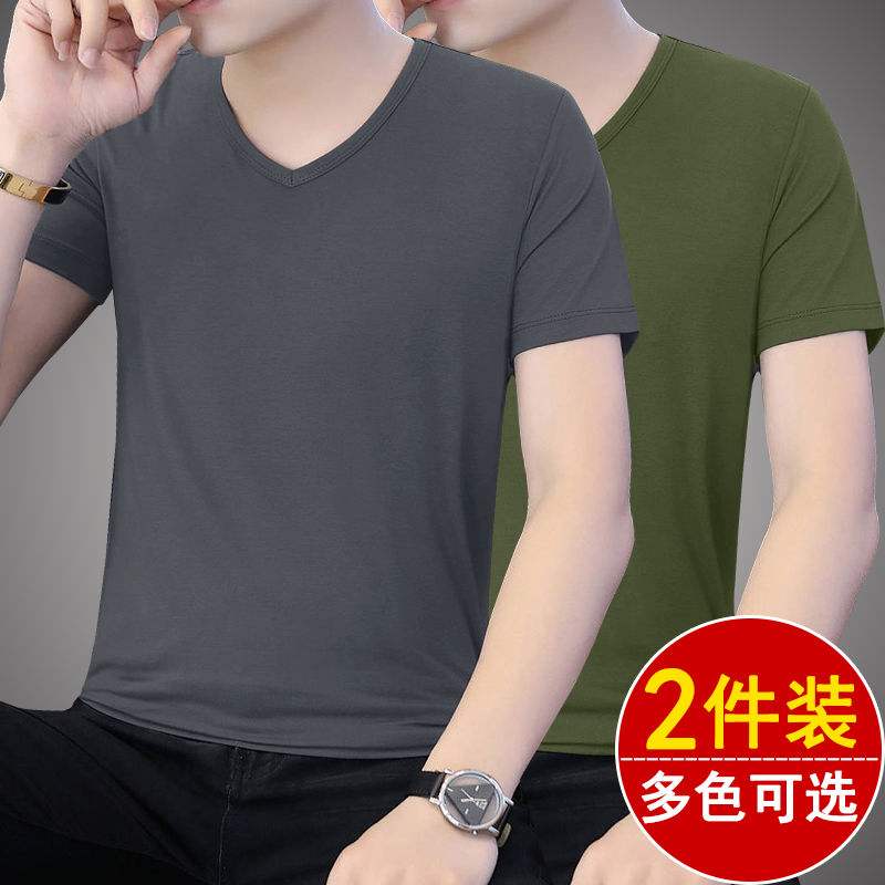 夏天男生短袖T恤修身纯色v领圆领打底衫中青年上衣服户外内搭体恤
