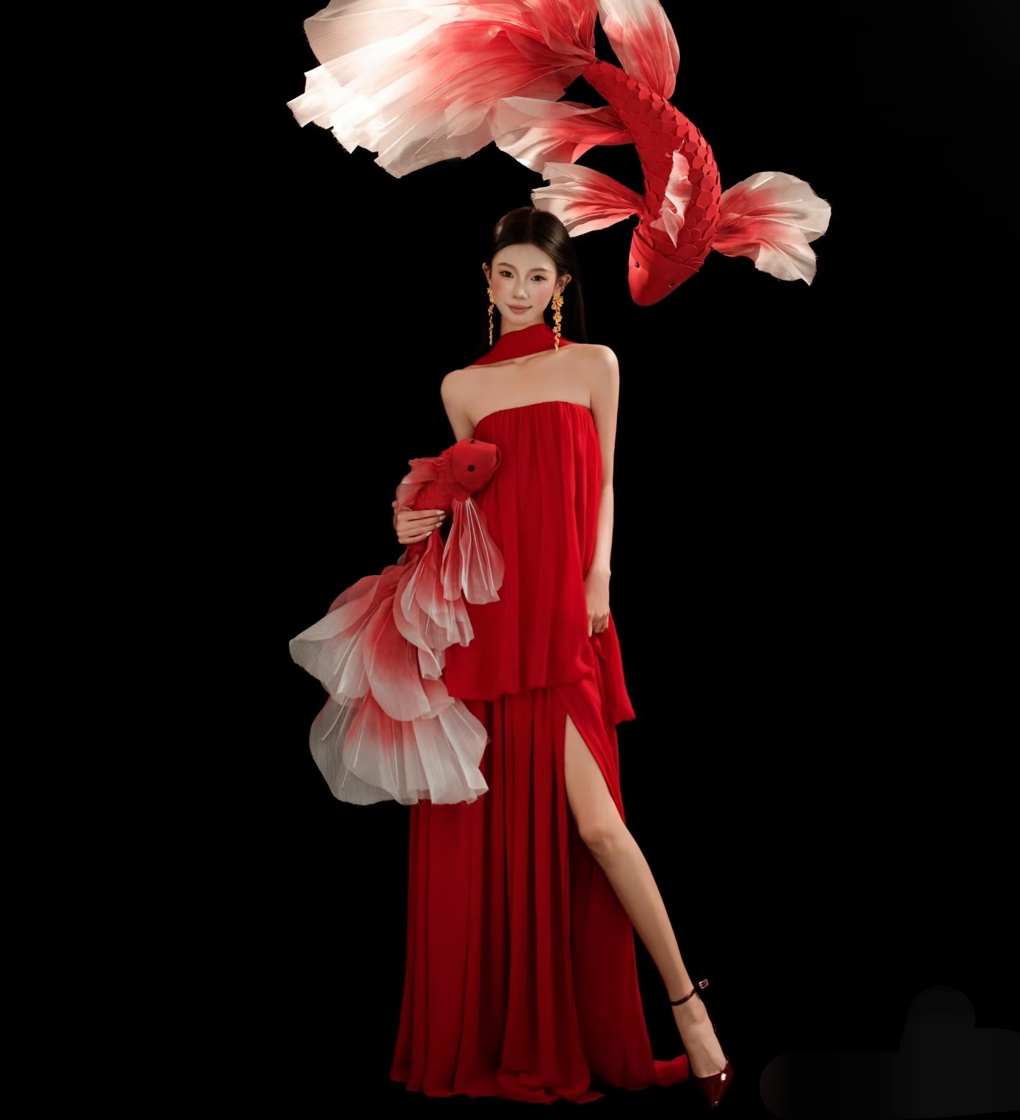 女式写真摄影斜肩红色连体长裙旅游裙晨袍新娘服敬酒服礼服孕妇