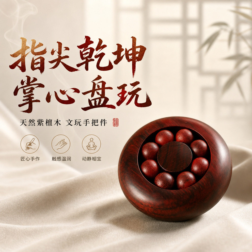 紫檀木转转手把件实木加厚款时来运转男士随身文玩把玩件批发定制