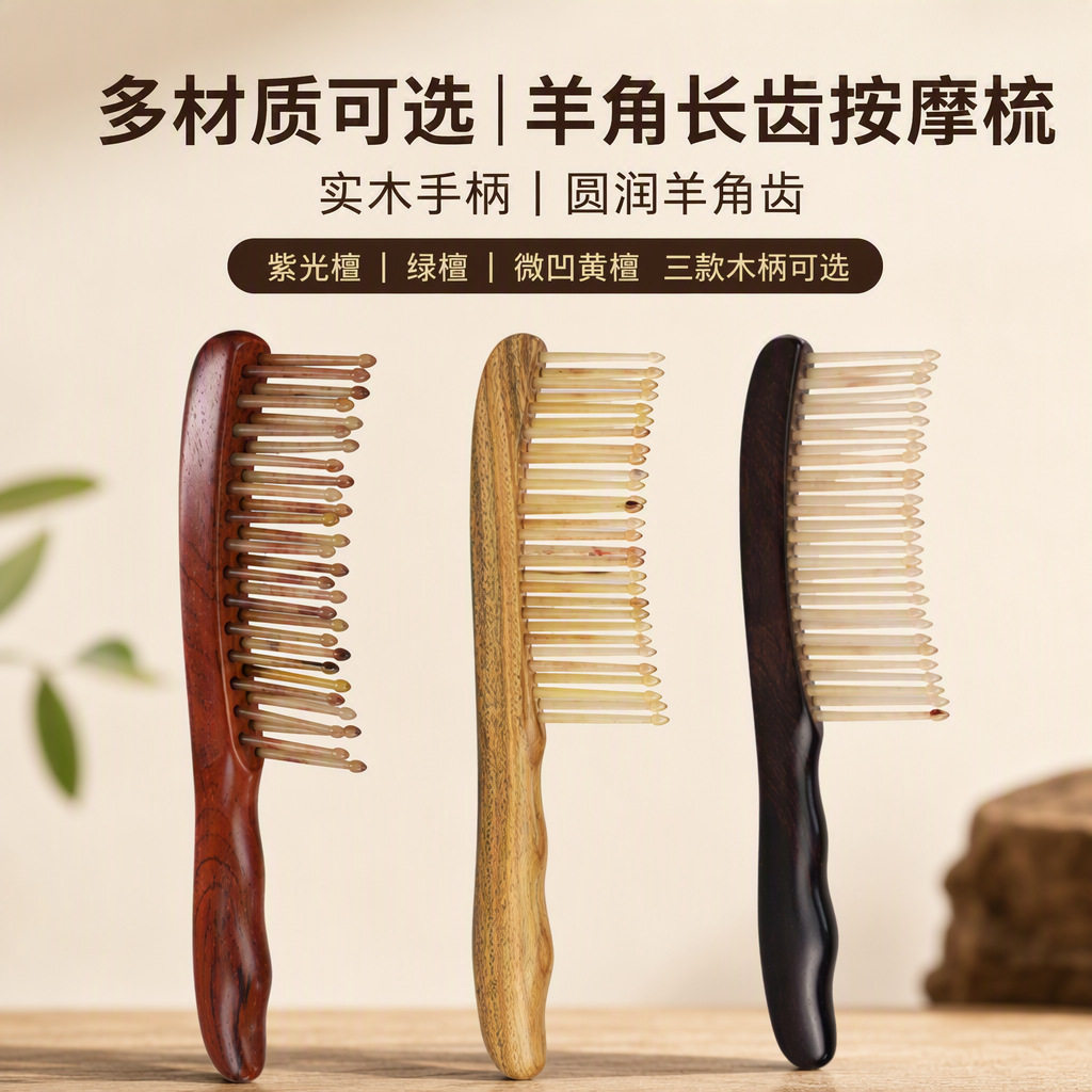 紫光檀双排羊角插齿梳粗柄木梳女士专用随身头部经络加厚厂家批发