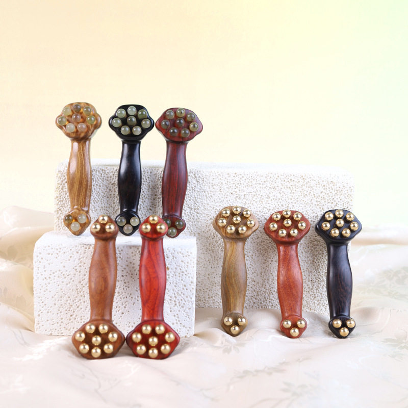 绿檀如意羊角铜珠按摩器脸部刮痧棒 点穴棒经络点穴笔檀木质拨筋