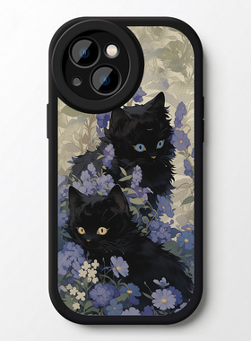 花团朵朵紫色花丛小黑猫小羊皮适用iPhone17/16pro手机壳华为mate60红米K60OPPOreno9软vivos16IQOO10小米15