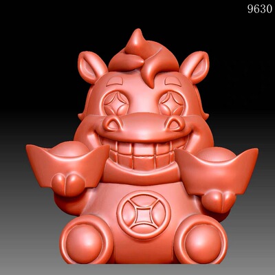9630笑马有钱元宝发财马圆雕图雕刻机3D打印素材STL格式模型图OBJ