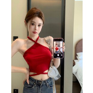 上衣 抹胸无袖 性感辣妹红色挂脖小背心女外穿夏季 吊带打底交叉短款