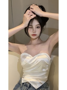 緞面抹胸女外穿短款 無肩帶美背上衣 帶胸墊不規(guī)則裹胸背心早春法式