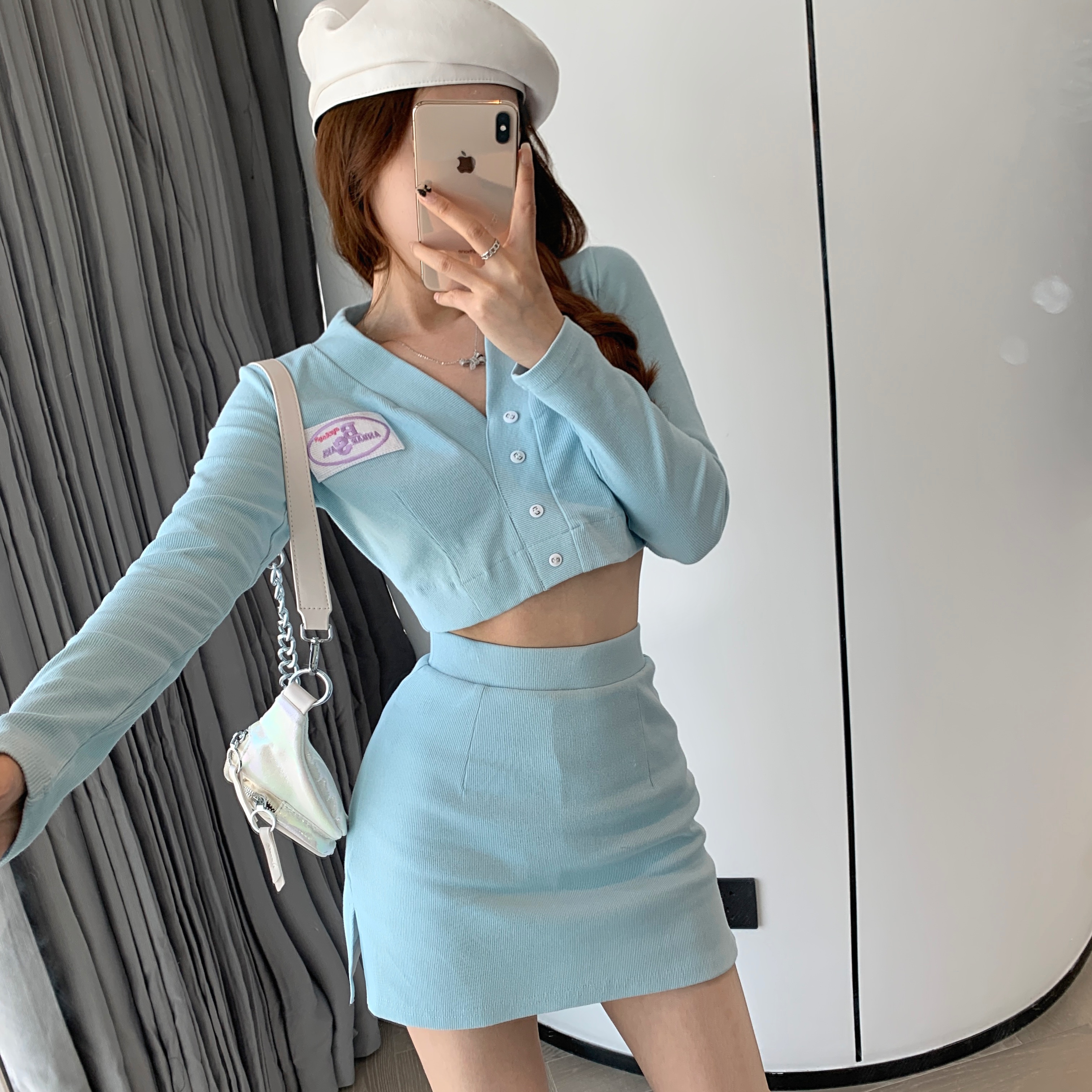 运动休闲套装短款开衫包臀短裙