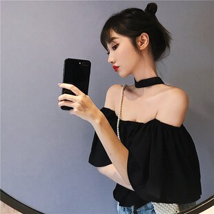 上衣潮 性感挂脖一字领雪纺衬衫 女设计感小众2021夏季 新款 露肩短款