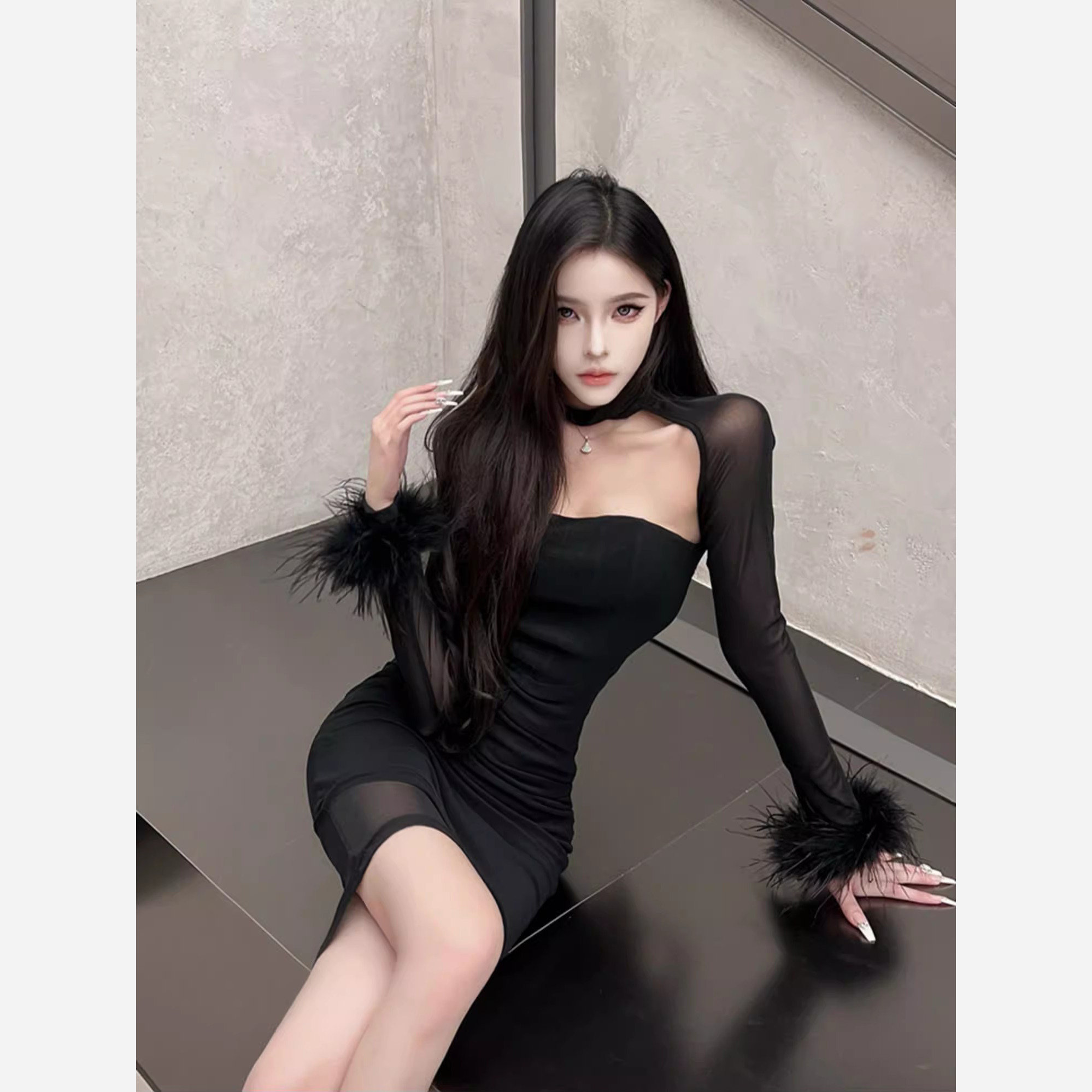 美式纯欲风气性感修身网纱镂空包臀连衣裙女春夏黑色长袖御姐短裙