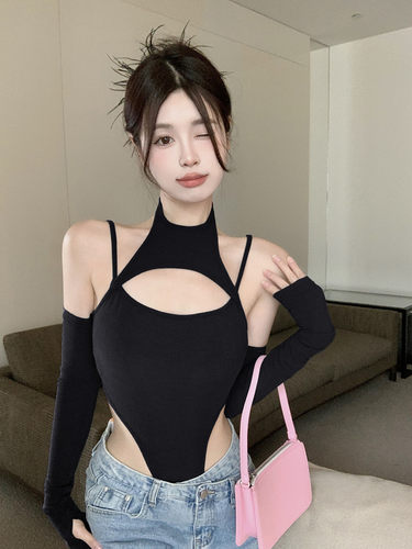 连体吊带t恤辣妹风上衣镂空性感