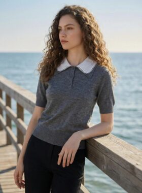 2026年夏季新款娃娃领慵懒风翻领撞色短袖针织衫女款超好看上衣