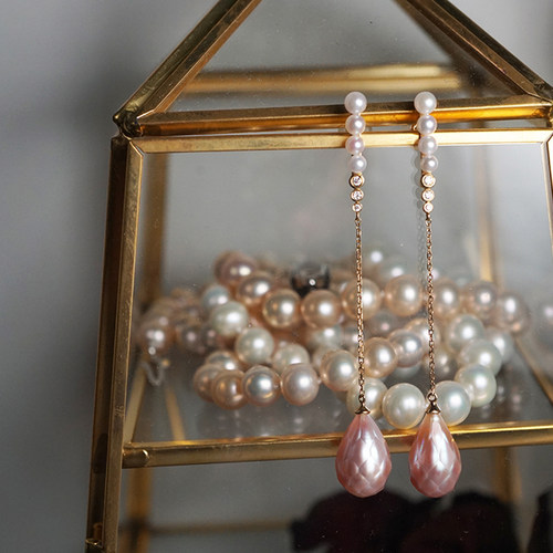 呦心/天然刻面珍珠+Akoya珍珠18k金耳坠 原创款/InColor彩定制