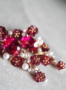 花集市/天然碧玺小花珍珠耳环 18k金镶嵌/InColor彩定制