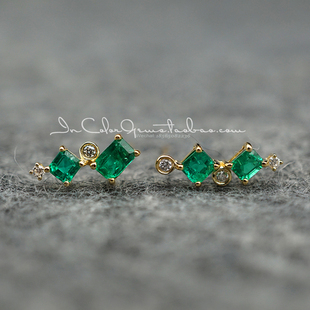 左与右/天然祖母绿耳钉 k金配钻 不对称原创/InColor彩定制