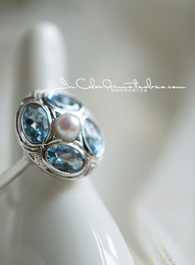 宝盒。/天然海蓝宝石戒指 k金配Akoya珍珠 复古/InColor 彩定制