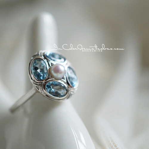 天然戒指k金珍珠复古海蓝宝石