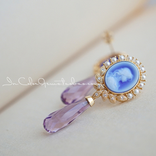 如此优雅/紫水晶Cameo耳钉 k金配钻珍珠 原创/InColor彩定制