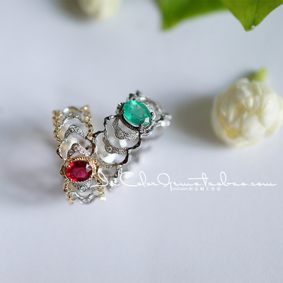 天然红宝石k金祖母绿戒指定制