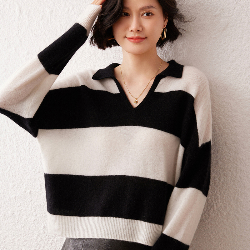 高级感条纹撞色翻领山羊绒针织衫女慵懒风软糯polo领羊绒衫上衣