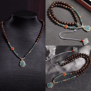 芽庄黑棋楠沉香佛珠手串项链两用女原创DIY搭配和田弥勒佛吊坠