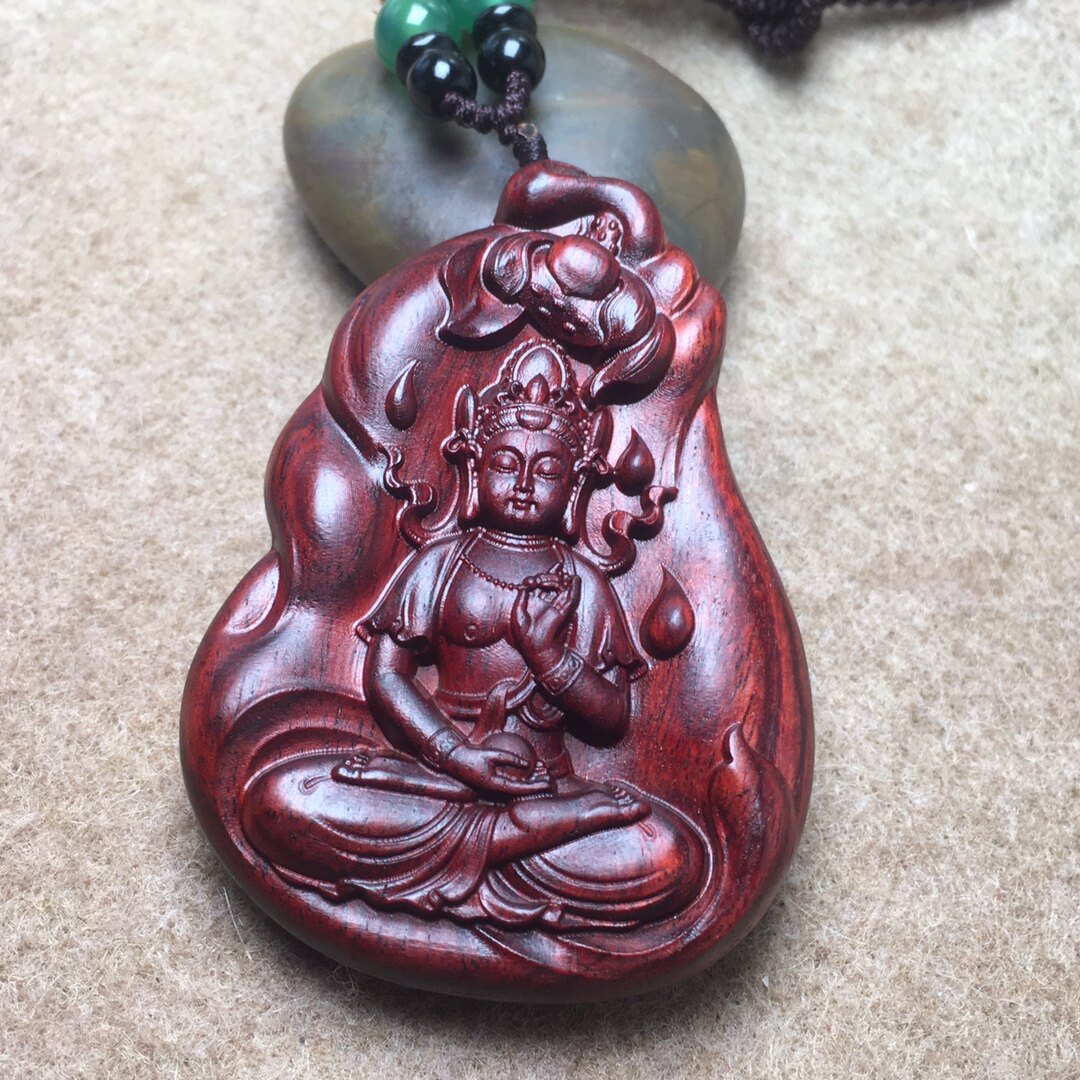 印度小叶紫檀木雕随型莲花观音项链吊坠木质精雕度母护身手把挂件