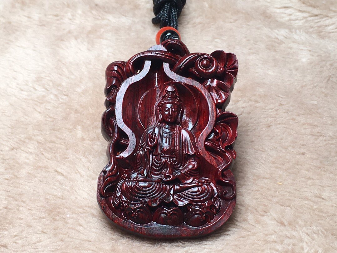 印度小叶紫檀木雕葫芦型净瓶观音项链吊坠红木观世音菩萨护身挂件