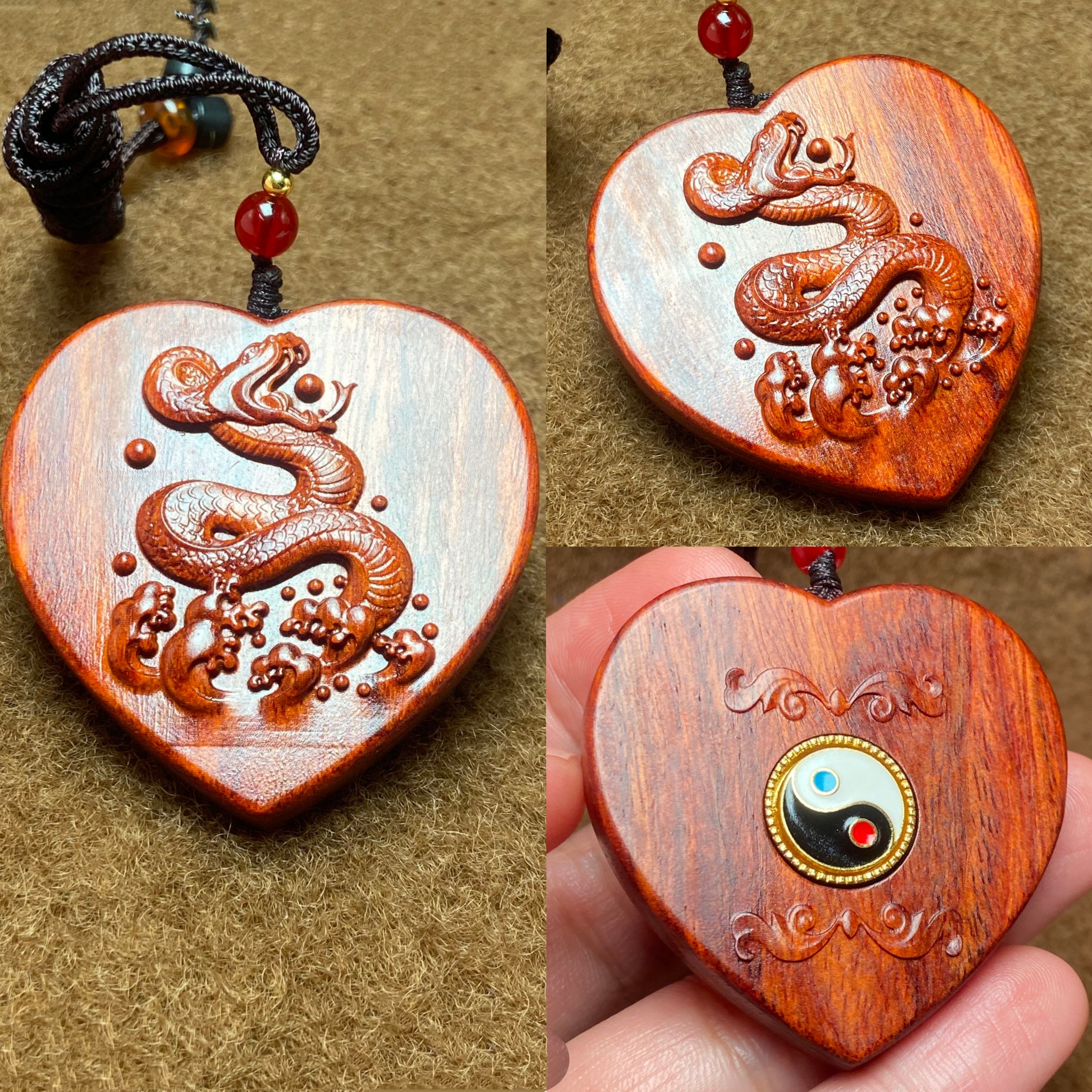 印度小叶紫檀木雕十二生肖蛇项链小众木作