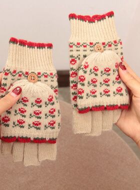 日本可爱针织羊毛半指翻盖手套文艺小花荷叶边女冬季双层保暖学生