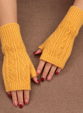 半指羊毛针织手套女秋冬加厚露指触屏学生女办公写字袖套护腕手套