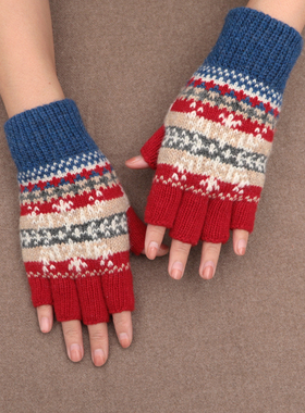 韩版冬季保暖学生加绒写字露指日系半指羊毛ins触屏女生雪花手套
