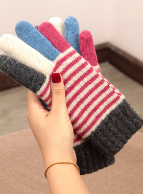 冬季加绒加厚保暖防寒触屏羊毛分指手套日系撞色ins条纹骑车手套