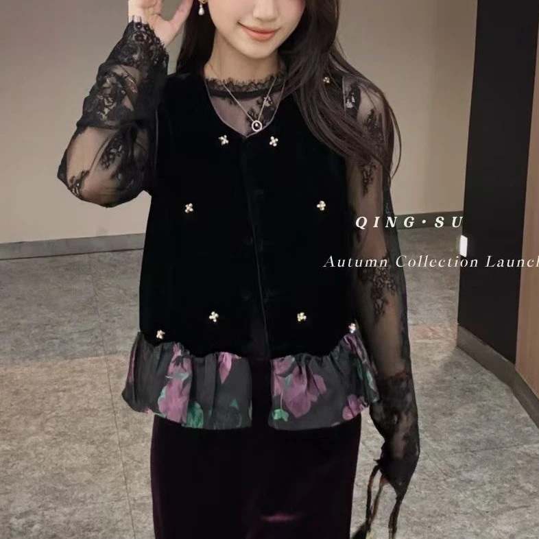 黑色丝绒新中式国风女马甲秋季
