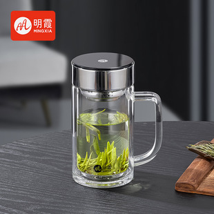明霞双层玻璃杯泡茶杯专用2026新款水杯男士家用喝水办公杯子带把