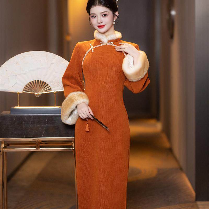 冬季旗袍长袖加绒改良年轻款少女新中式日常可穿秋冬款黄色连衣裙