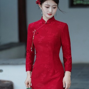 回家娘日常红色旗袍裙 中国风连衣裙复古改良年轻款 加绒加厚冬季 款