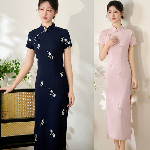 棉旗袍女日常粉色可穿短袖改良2026新款夏季新中式高端透气连衣裙