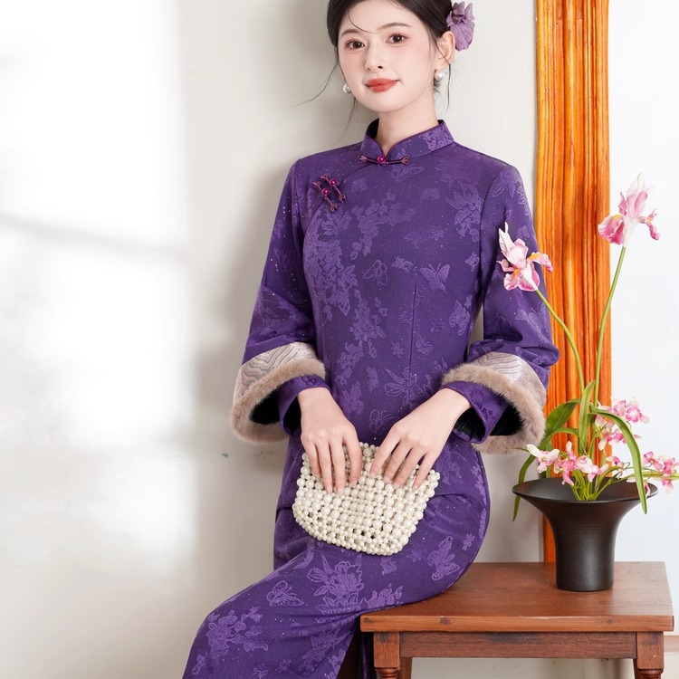 秋冬季紫色加厚冬装国风双层袖长款改良旗袍2025年新款女复古收腰