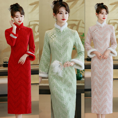 红色冬装加绒加厚国风长款长袖旗袍2025新款女复古回娘家日常可穿