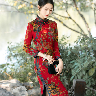 红色日常加绒加厚长袖旗袍2023年秋冬新款中国风妈妈高端礼服长款