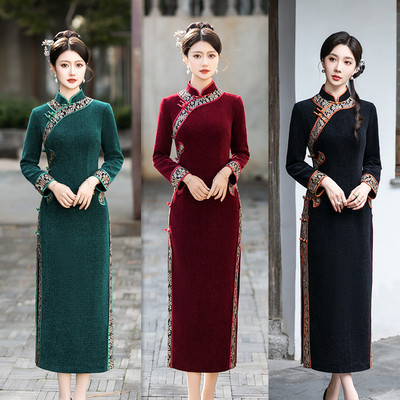 雪尼尔旗袍加厚大码连衣裙改良款中国风日常可穿冬季妈妈长袖秋冬