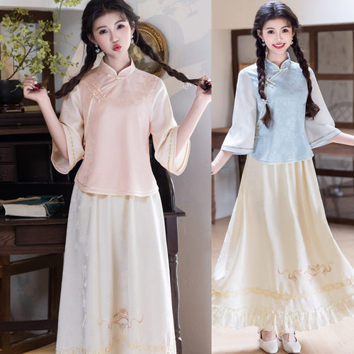 新中式学生汉服套装裙少女年轻款国风改良旗袍上衣半身裙禅意茶服