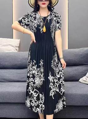 真丝缎面弹力褶皱连衣裙女长裙印花裙2023夏季新款修身显瘦妈妈群