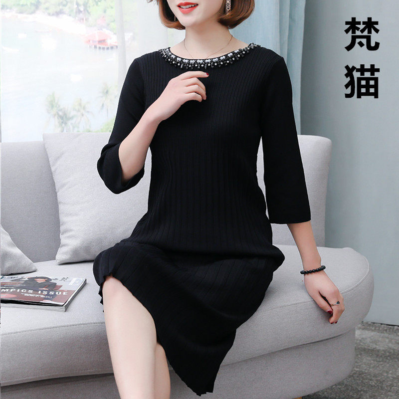 长款毛衣女2019新款中长款过膝春秋季大红色打底衫镶钻针织连衣裙